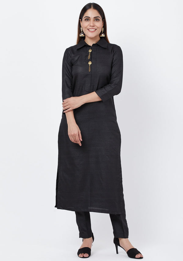 anokherang Combos Black Collared Kurta with Straight Pants