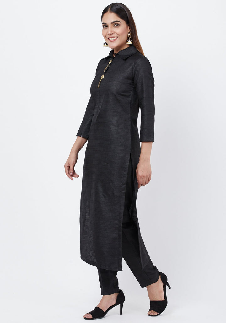 anokherang Combos Black Collared Kurta with Straight Pants