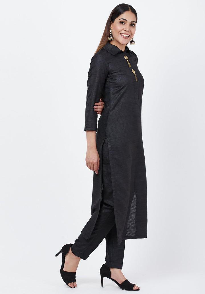 anokherang Combos Black Collared Kurta with Straight Pants
