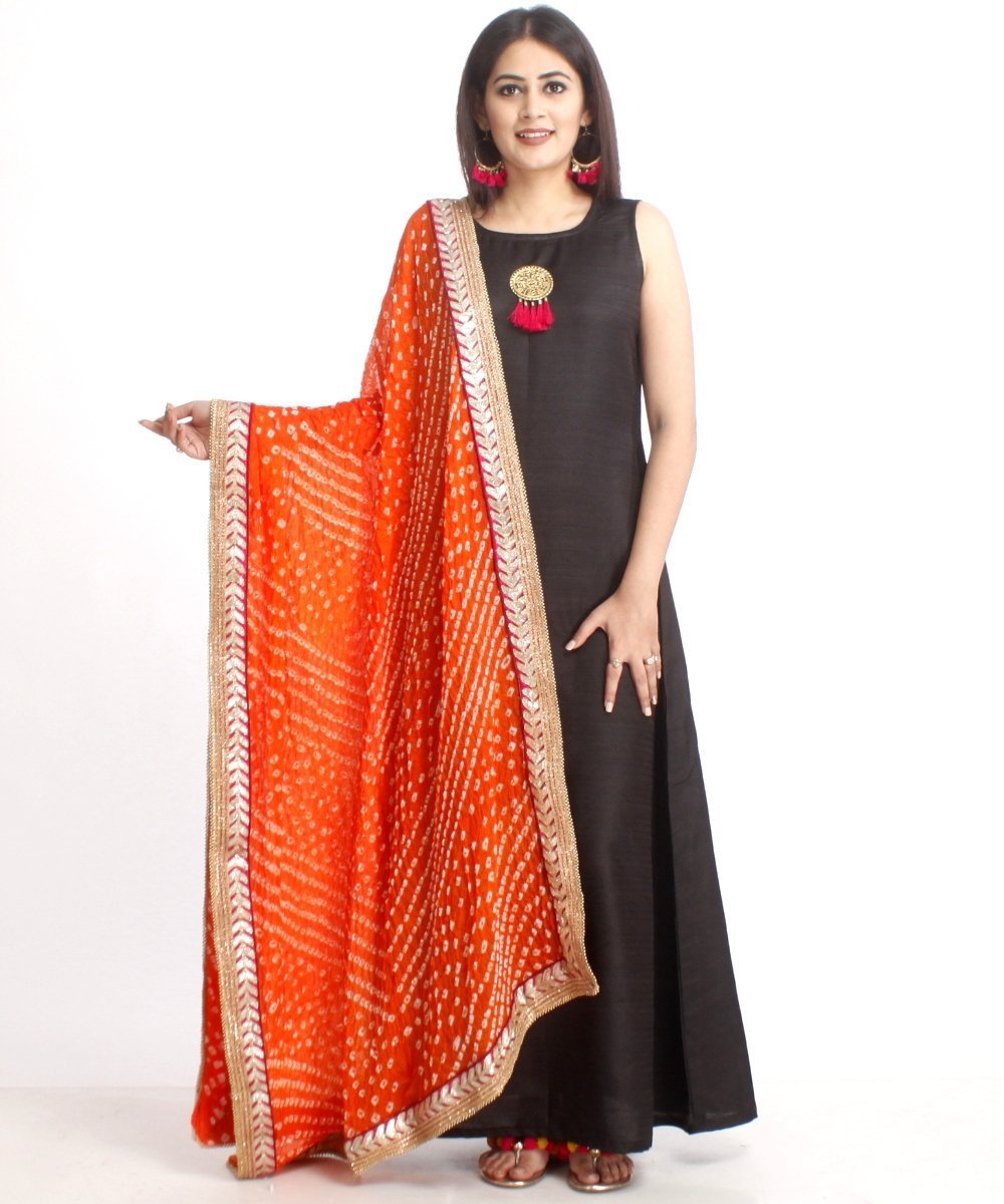 Orange Soft Shaded Silk Exclusive Designed Stitched Kurti with Dupatta Set