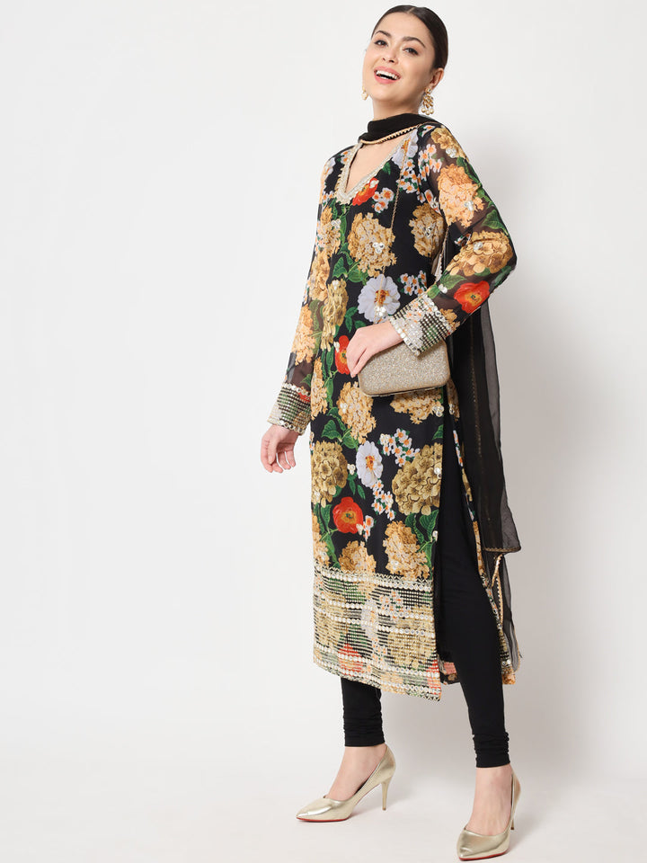 anokherang Combos Black Floral Printed Embroidered Kurti with Churidaar and Dupatta
