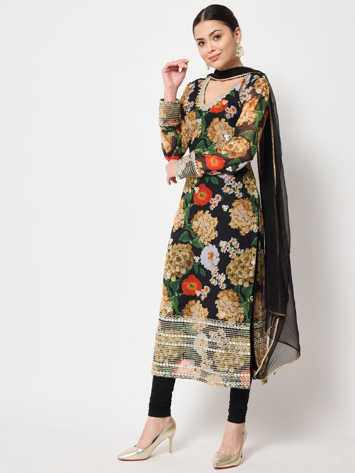 anokherang Combos Black Floral Printed Embroidered Kurti with Churidaar and Dupatta