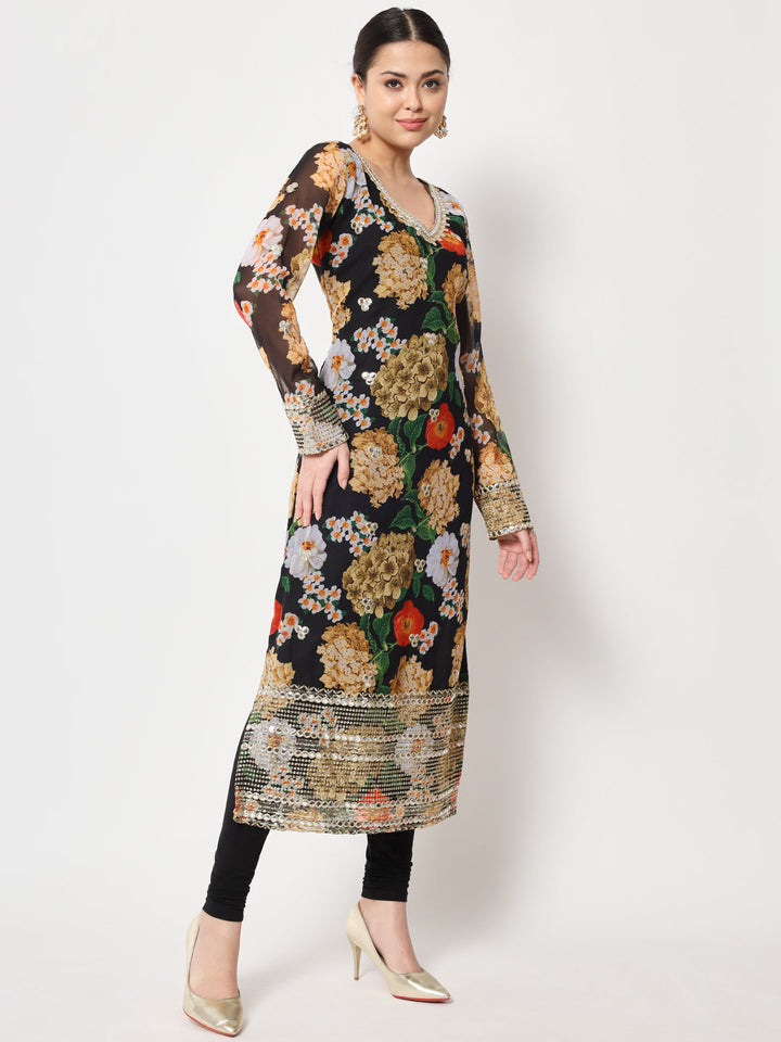 anokherang Combos Black Floral Printed Embroidered Kurti with Churidaar and Dupatta