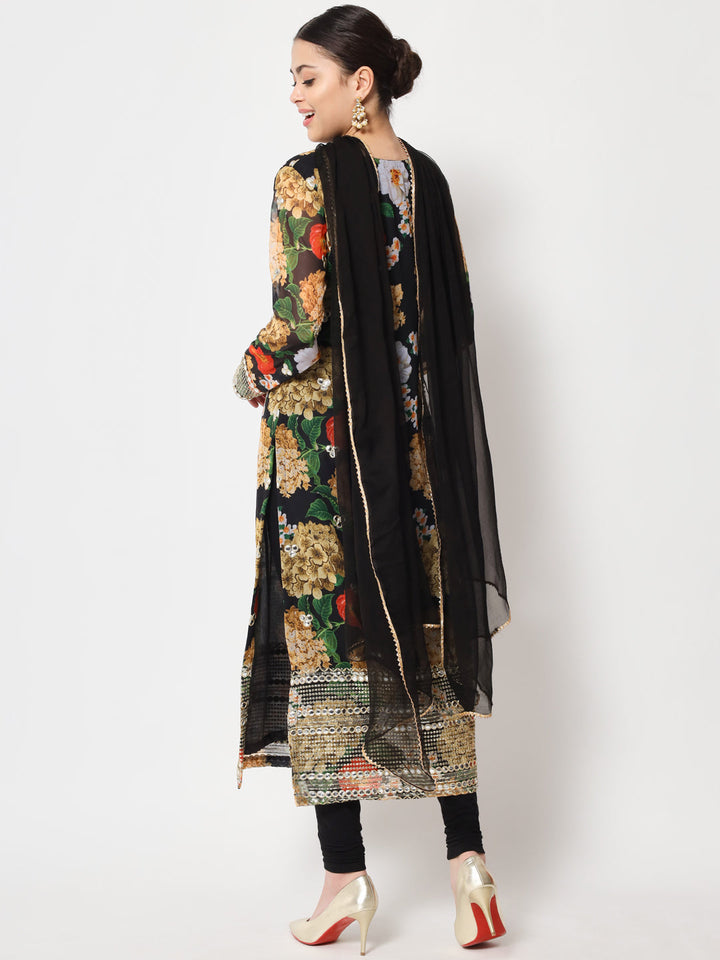 anokherang Combos Black Floral Printed Embroidered Kurti with Churidaar and Dupatta