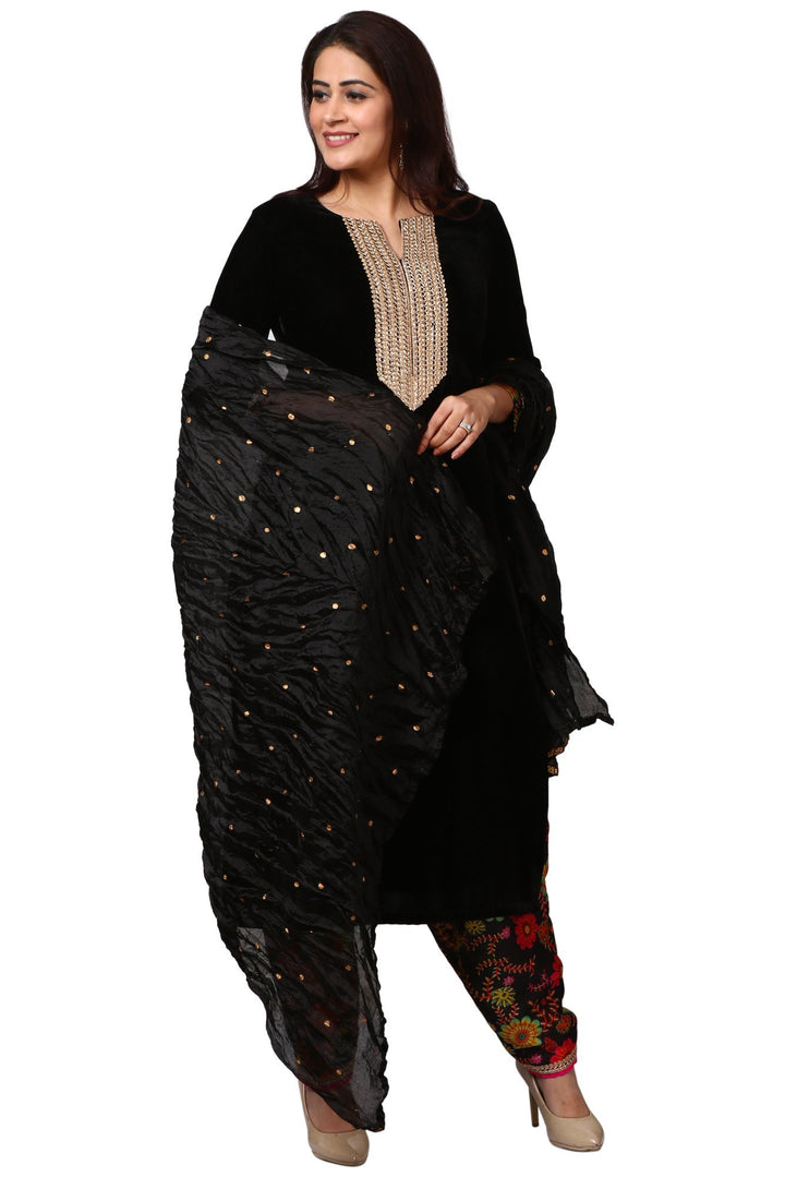 anokherang Combos Black Gold Velvet Kurta with Floral Printed Salwara and  Black Crushed Dupatta