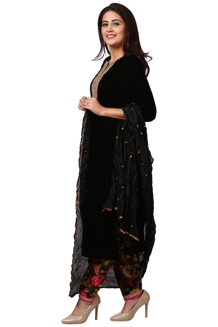 anokherang Combos Black Gold Velvet Kurta with Floral Printed Salwara and  Black Crushed Dupatta