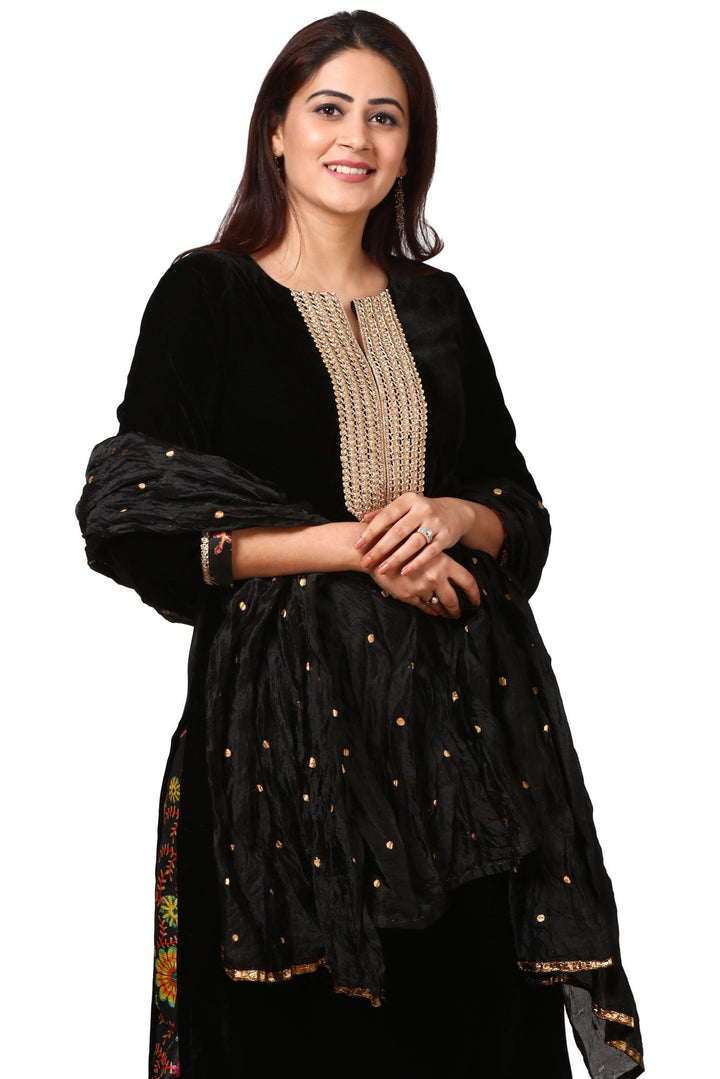 anokherang Combos Black Gold Velvet Kurta with Floral Printed Salwara and  Black Crushed Dupatta