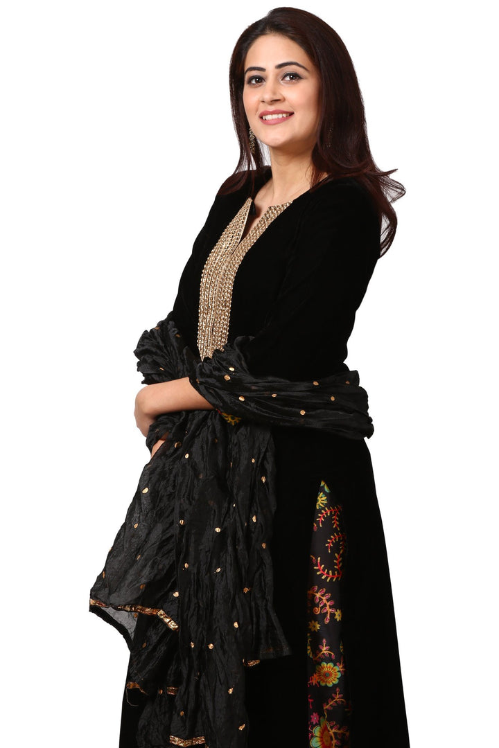 anokherang Combos Black Gold Velvet Kurta with Floral Printed Salwara and  Black Crushed Dupatta
