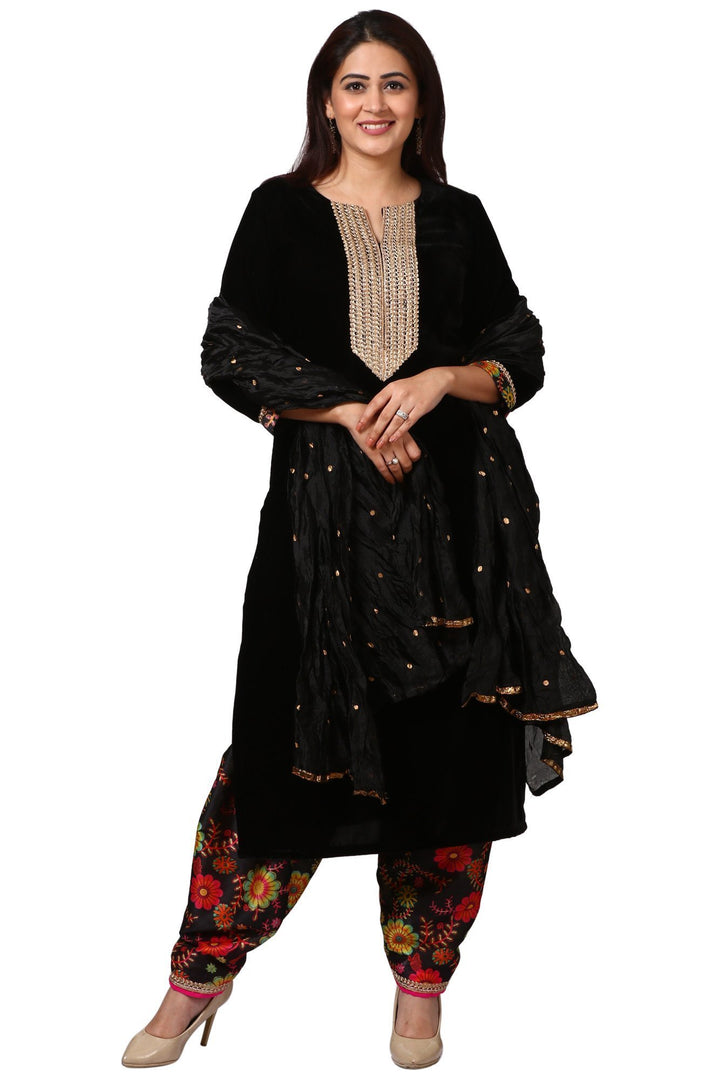 anokherang Combos Black Gold Velvet Kurta with Floral Printed Salwara and  Black Crushed Dupatta