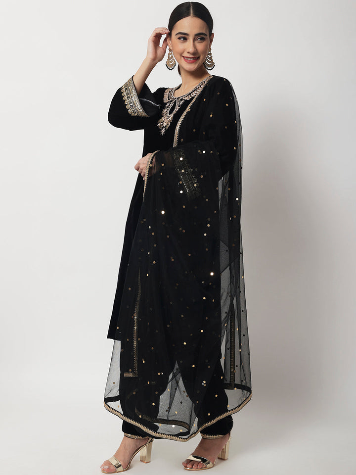 anokherang Combos Black Jewel Embroidered Velvet Kurti with Salwar and Net Dupatta
