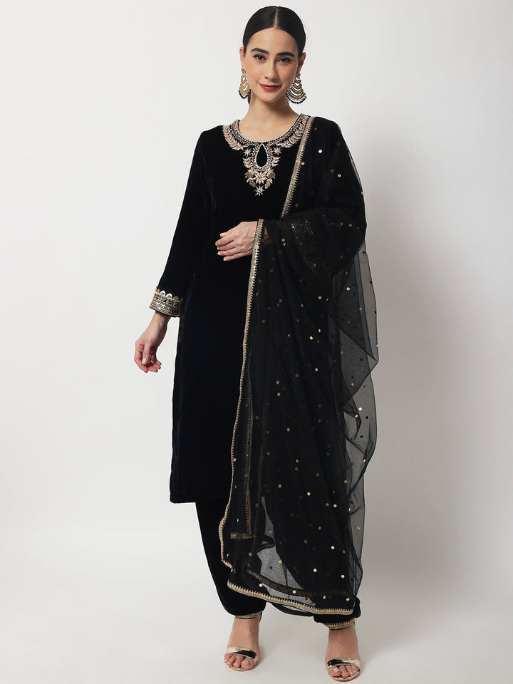 anokherang Combos Black Jewel Embroidered Velvet Kurti with Salwar and Net Dupatta