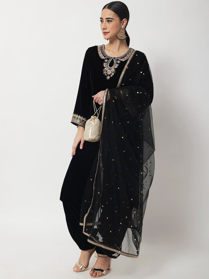 anokherang Combos Black Jewel Embroidered Velvet Kurti with Salwar and Net Dupatta