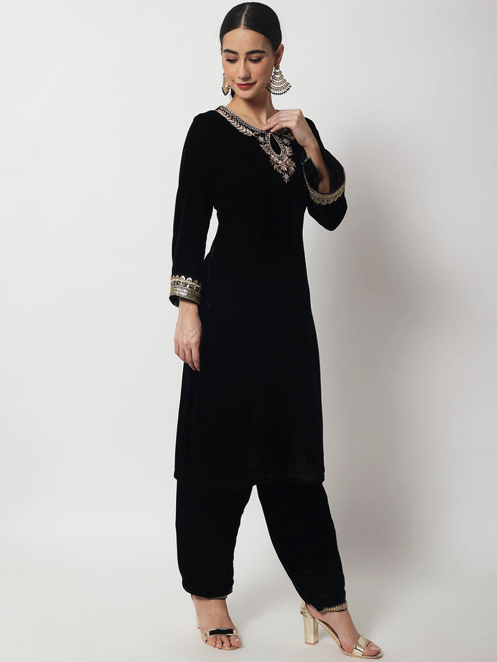 anokherang Combos Black Jewel Embroidered Velvet Kurti with Salwar and Net Dupatta