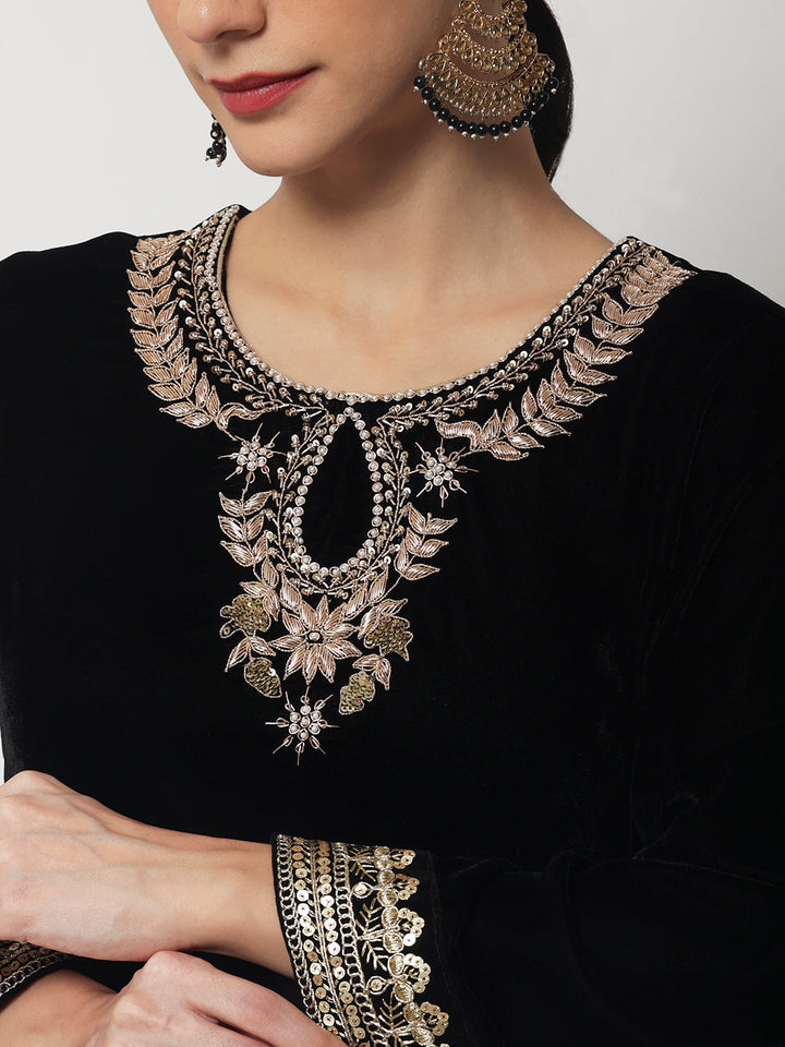 anokherang Combos Black Jewel Embroidered Velvet Kurti with Salwar and Net Dupatta