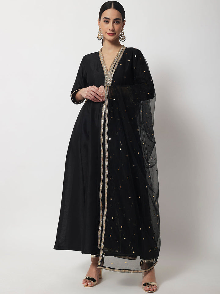 anokherang Combos Black Onyx Anarkali with Churidaar and Net Dupatta