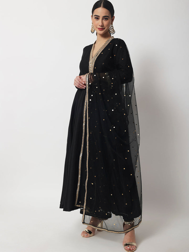 anokherang Combos Black Onyx Anarkali with Churidaar and Net Dupatta