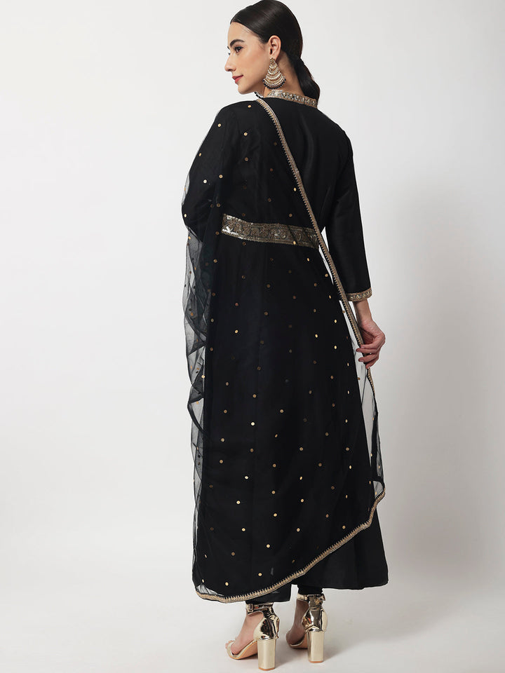 anokherang Combos Black Onyx Anarkali with Churidaar and Net Dupatta