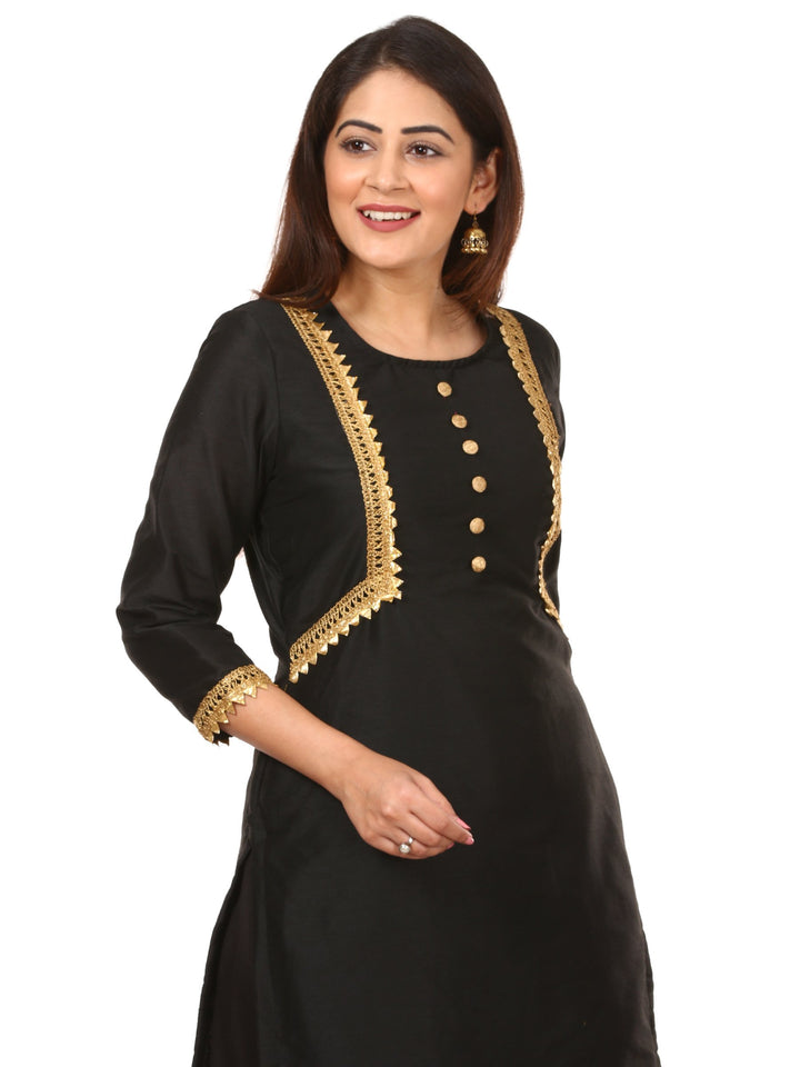 anokherang Combos Black Silk Jacket Style Kurti with Embroidered Birds Gotta Palazzo