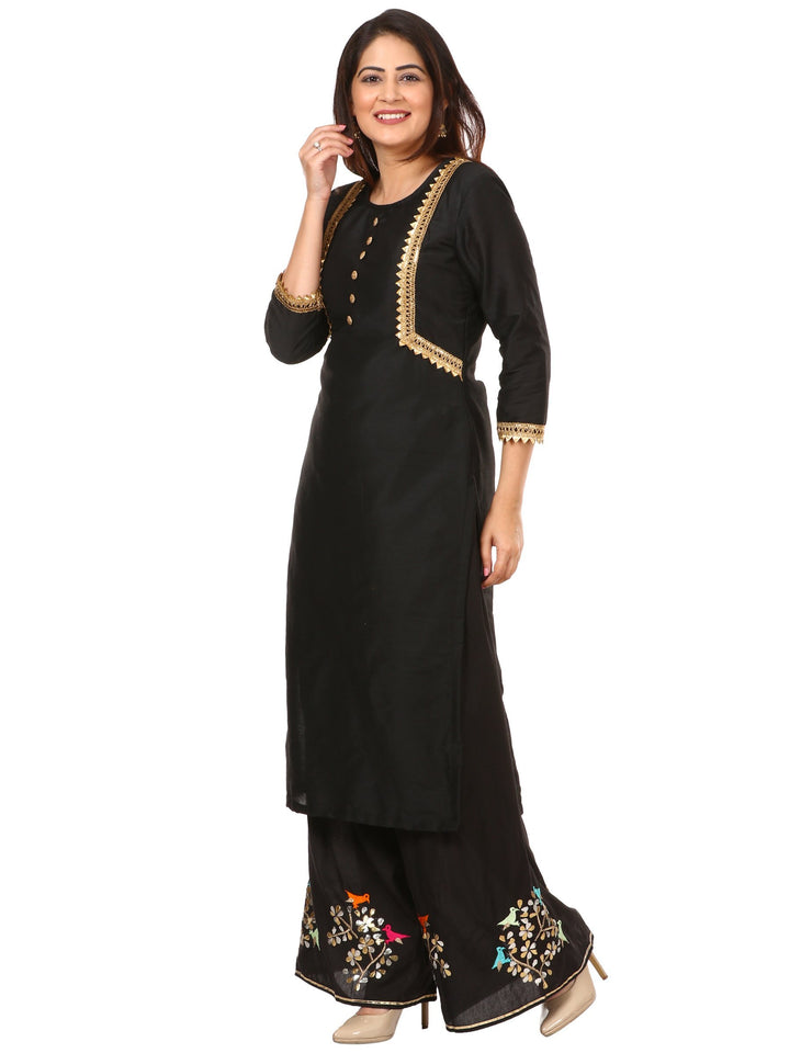 anokherang Combos Black Silk Jacket Style Kurti with Embroidered Birds Gotta Palazzo