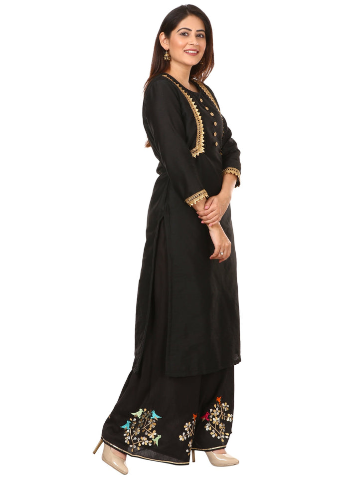 anokherang Combos Black Silk Jacket Style Kurti with Embroidered Birds Gotta Palazzo