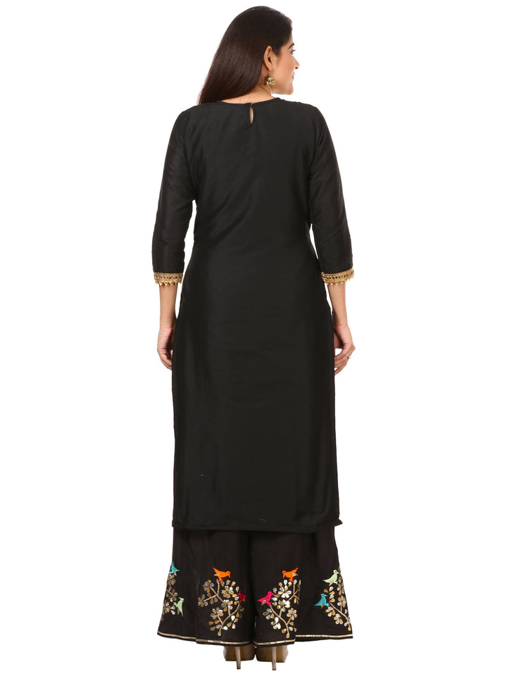 anokherang Combos Black Silk Jacket Style Kurti with Embroidered Birds Gotta Palazzo