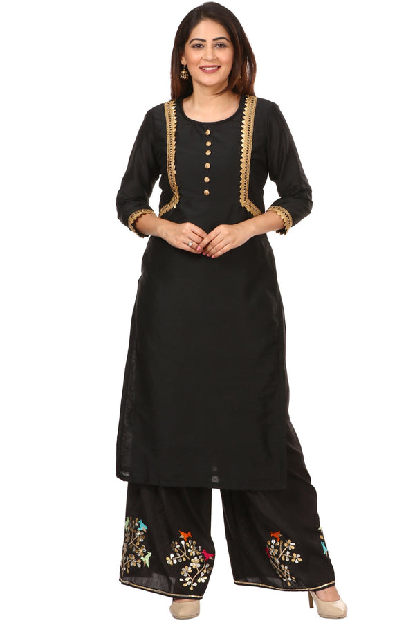 anokherang Combos Black Silk Jacket Style Kurti with Embroidered Birds Gotta Palazzo