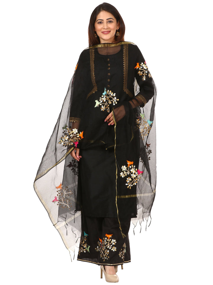 anokherang Combos Black Silk Jacket Style Kurti with Embroidered Birds Gotta Palazzo and Birds Dupatta