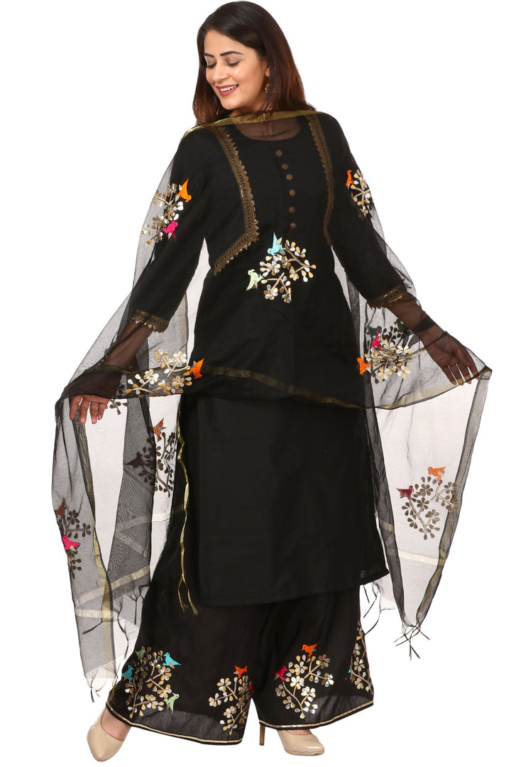 anokherang Combos Black Silk Jacket Style Kurti with Embroidered Birds Gotta Palazzo and Birds Dupatta