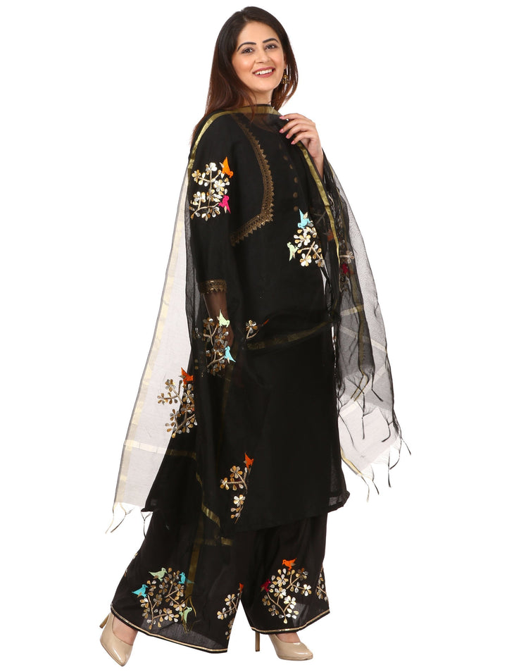 anokherang Combos Black Silk Jacket Style Kurti with Embroidered Birds Gotta Palazzo and Birds Dupatta