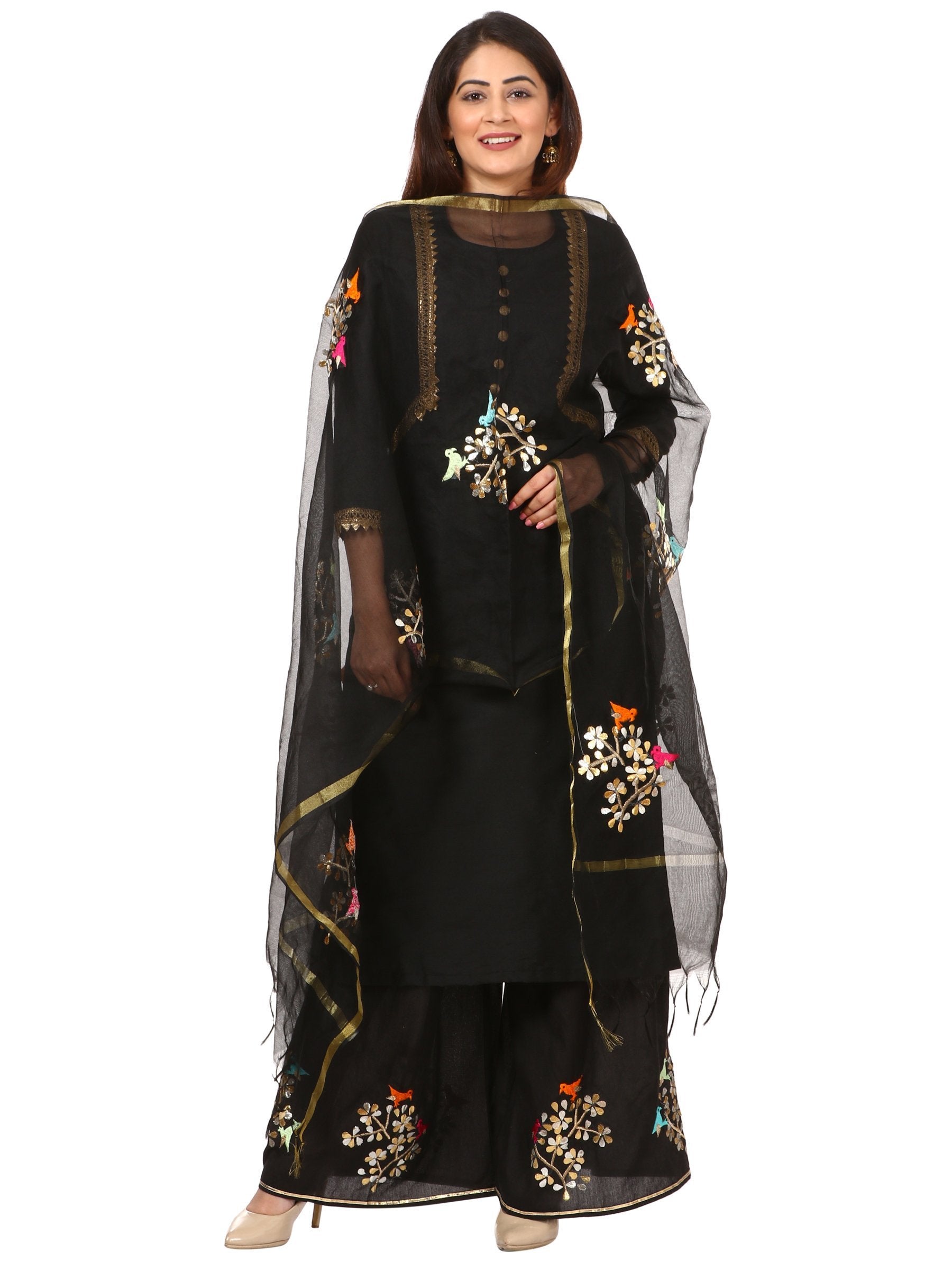 Black Silk Jacket Style Kurti with Embroidered Birds Gotta Palazzo and ...