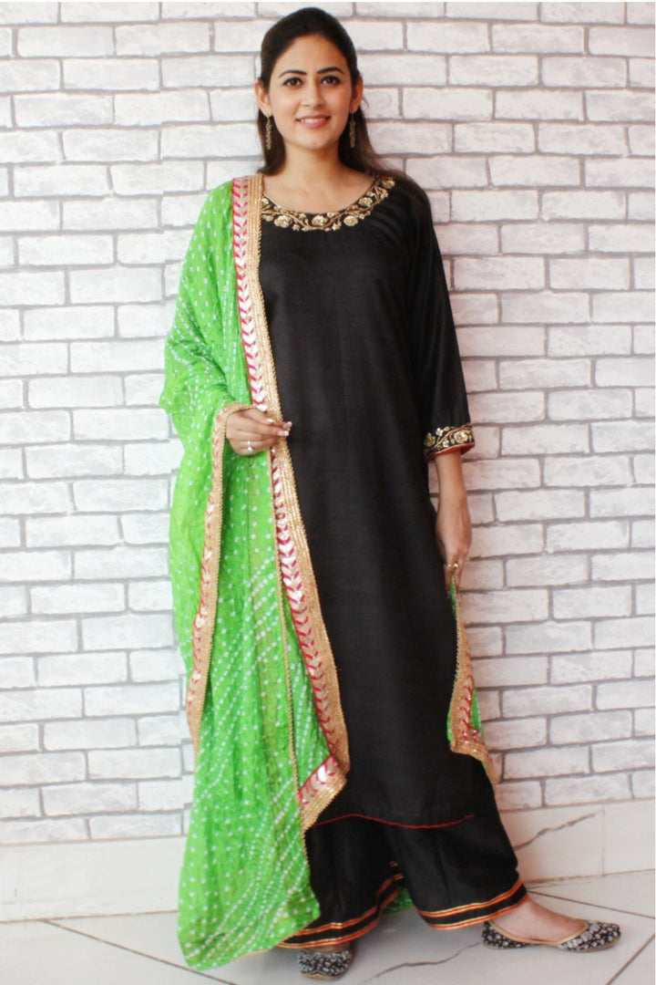 anokherang Combos Black Silk Kurti with Embroidery and Straight Black Palazzos with Green Bhandhej Dupatta