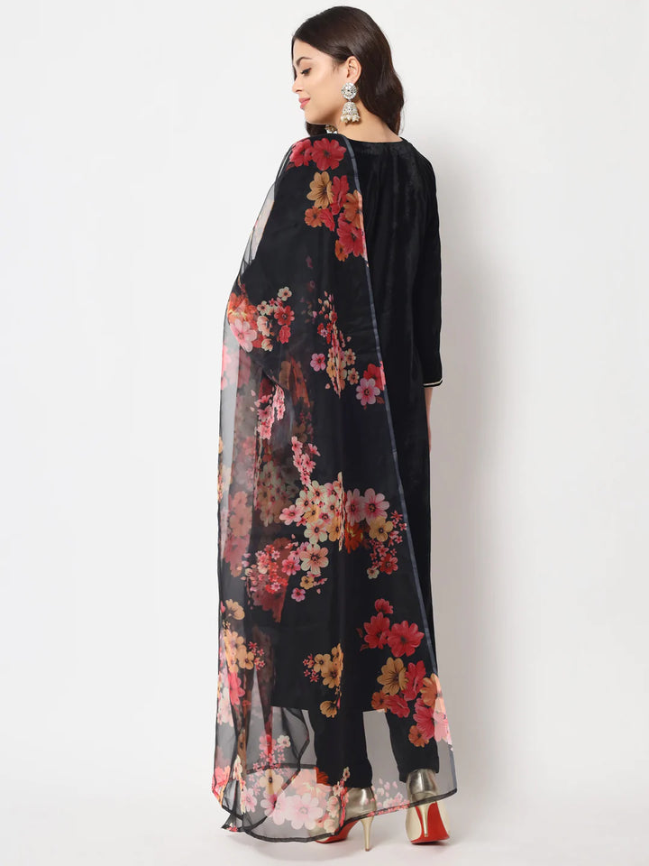 anokherang Combos Black Smiles Velvet Straight Kurti with Pants and Floral Dupatta