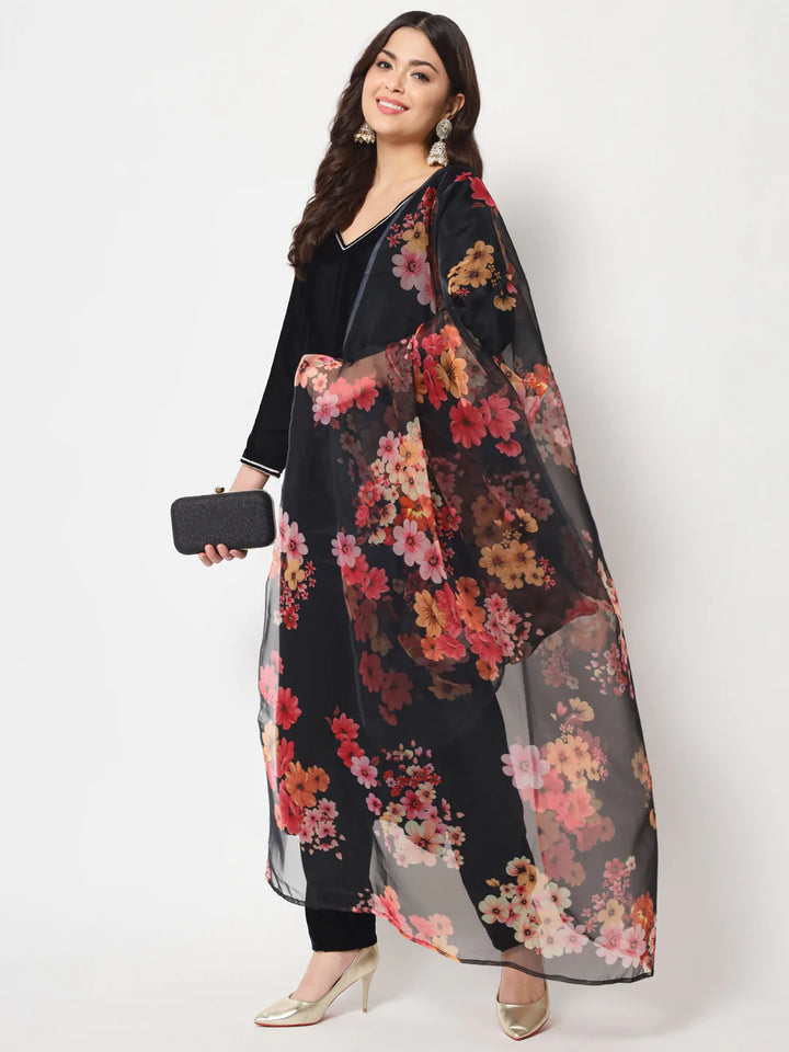 anokherang Combos Black Smiles Velvet Straight Kurti with Pants and Floral Dupatta