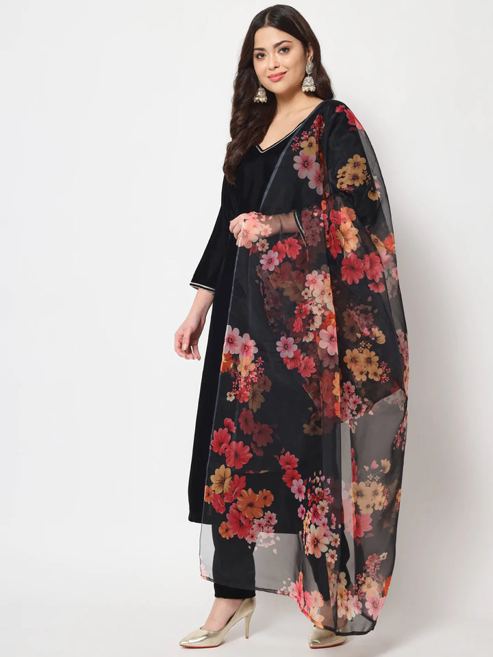 anokherang Combos Black Smiles Velvet Straight Kurti with Pants and Floral Dupatta