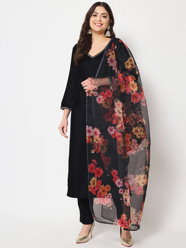 anokherang Combos Black Smiles Velvet Straight Kurti with Pants and Floral Dupatta