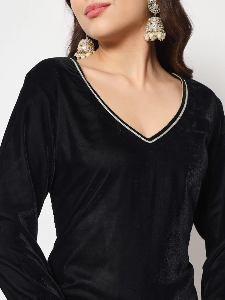 anokherang Combos Black Smiles Velvet Straight Kurti with Pants and Floral Dupatta