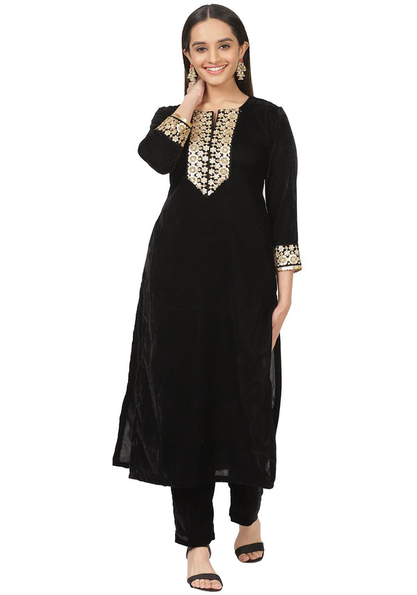 anokherang Combos Black Velvet Zari Straight Kurti with Straight Pants