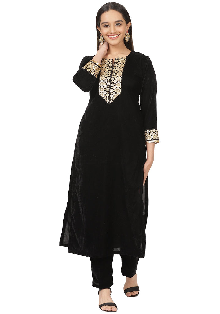 anokherang Combos Black Velvet Zari Straight Kurti with Straight Pants
