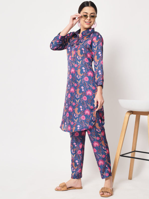 anokherang Combos Blue Floral Collared Co-ord Set