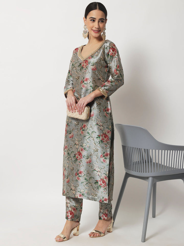 anokherang Combos Blue Gray Floral Printed Silk Kurti