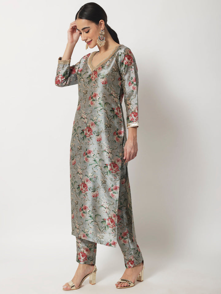 anokherang Combos Blue Gray Floral Printed Silk Kurti