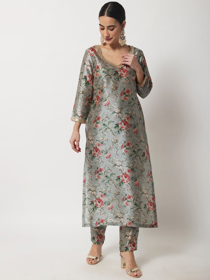 anokherang Combos Blue Gray Floral Printed Silk Kurti