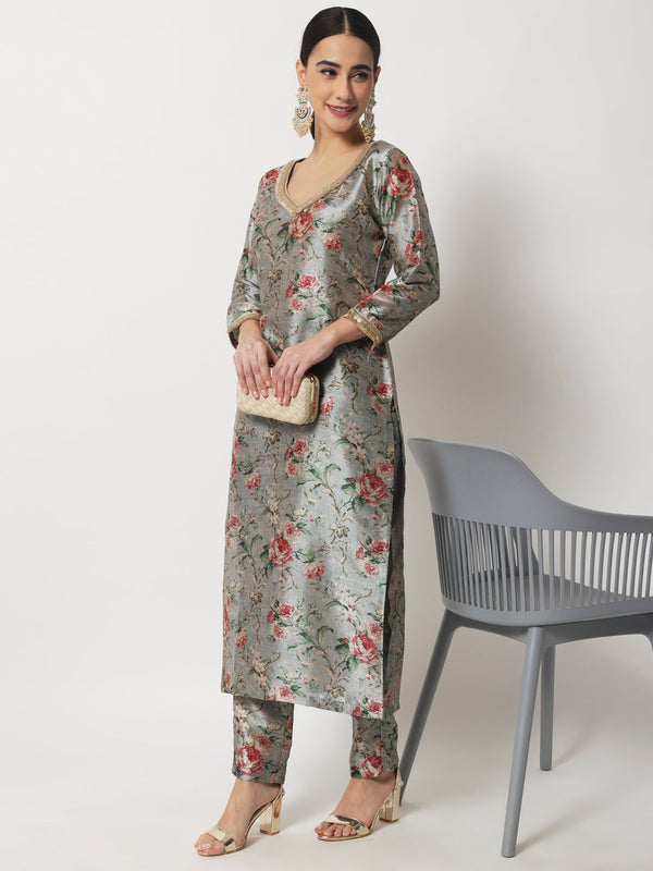 anokherang Combos Blue Gray Floral Printed Silk Kurti with Straight Pants