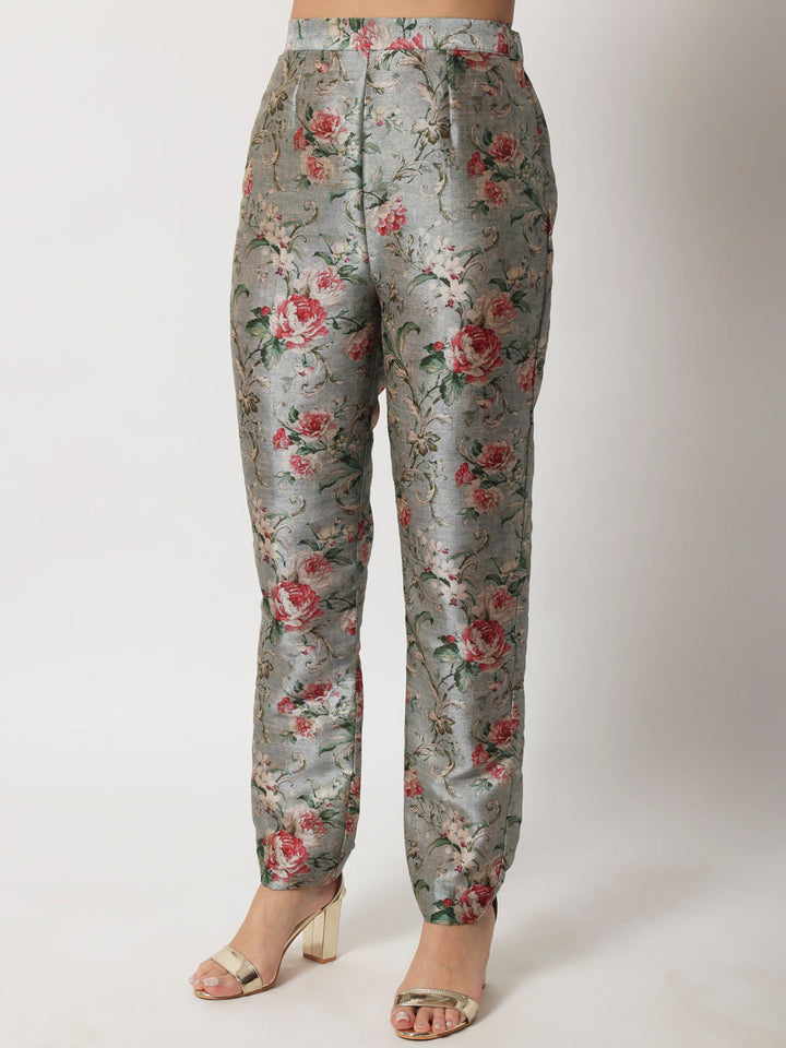 anokherang Combos Blue Gray Floral Printed Silk Kurti with Straight Pants