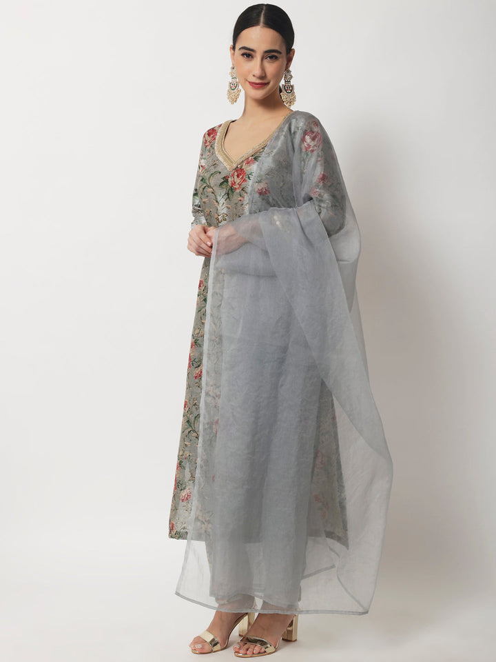 anokherang Combos Blue Gray Floral Printed Silk Kurti with Straight Pants and Organza Dupatta