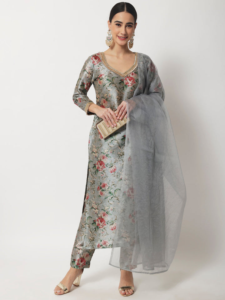 anokherang Combos Blue Gray Floral Printed Silk Kurti with Straight Pants and Organza Dupatta