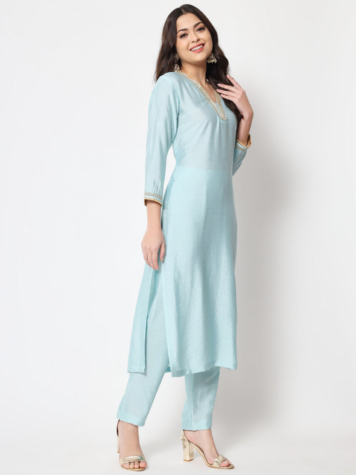 anokherang Combos Blue Smiles Straight Kurti with Pants