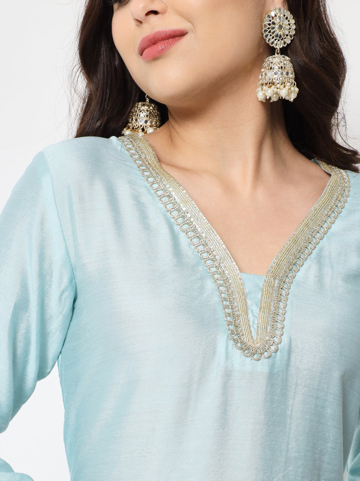 anokherang Combos Blue Smiles Straight Kurti with Pants and Dupatta