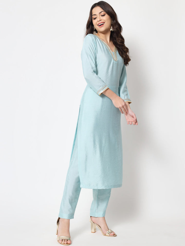 anokherang Combos Blue Smiles Straight Kurti with Pants and Dupatta