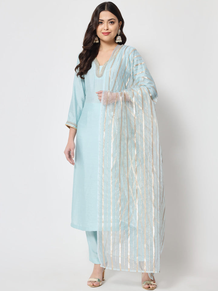 anokherang Combos Blue Smiles Straight Kurti with Pants and Dupatta